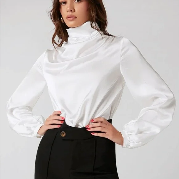 White Stand Mock Neck Satin Blouse Top Sz S, M, L, & XL New - Picture 3 of 6